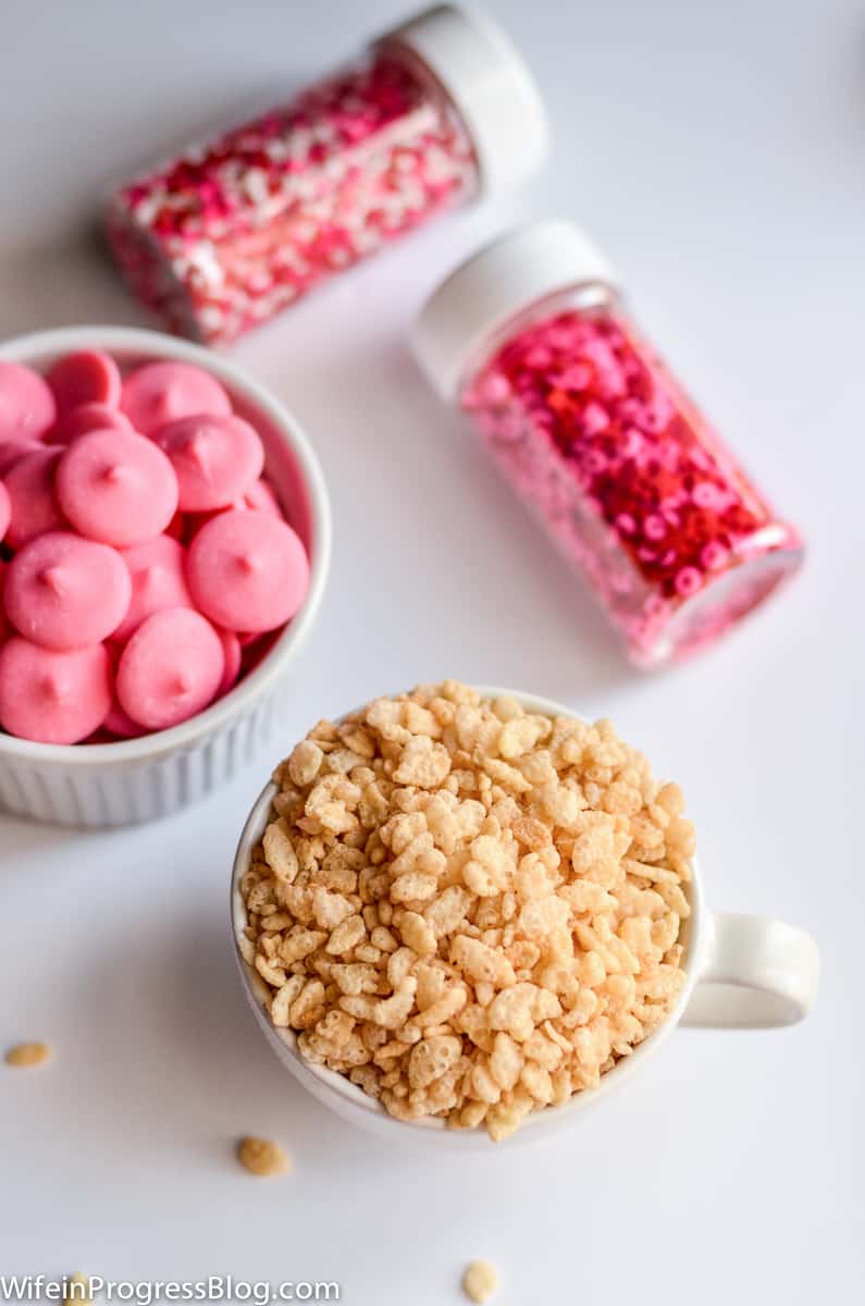 Rice Krispies, pink candy melts and Valentine's sprinkles