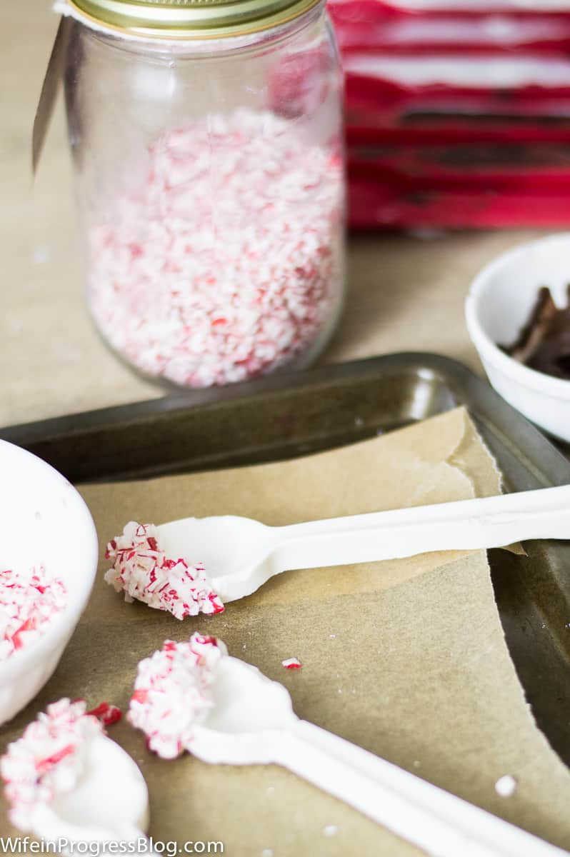 Candy cane dipped white chocolate spoons...delicious!