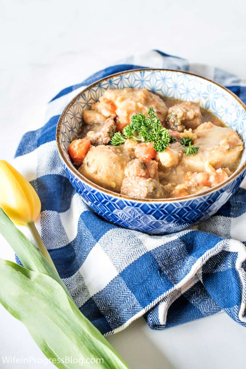 Irish stew can be thickened by allowing it to cook for a long time and by adding dumplings made from flour.