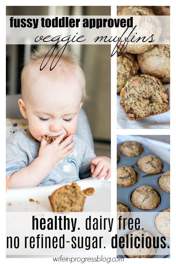 Fussy Toddler-Approved Veggie Muffins: a toddler sitting in a high chair eating pieces of a muffin