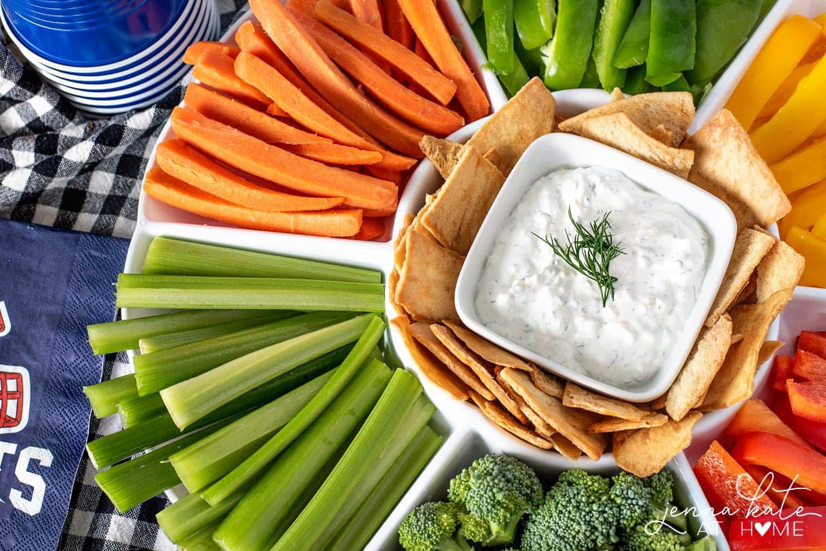 platter of fresh veggies and chips and homemade dip