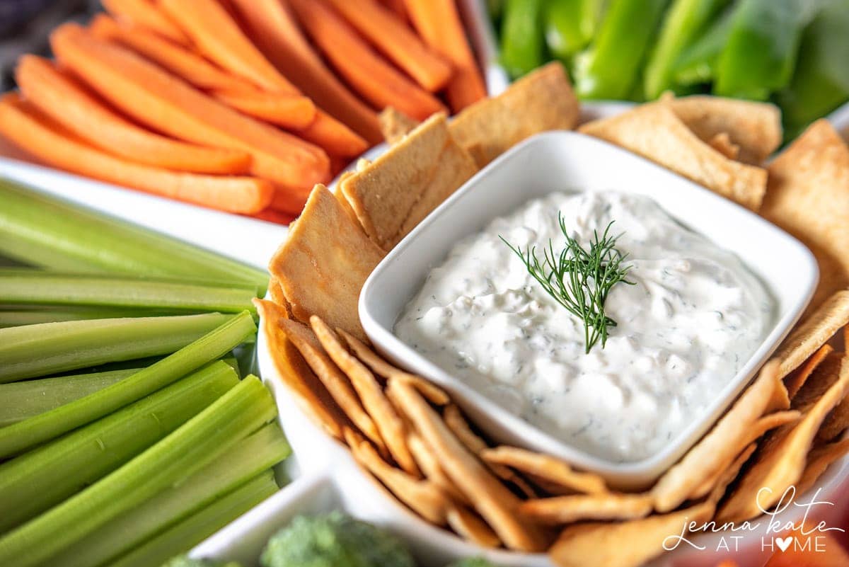 Homemade veggie or chip dip made with sour cream and dill but no mayo