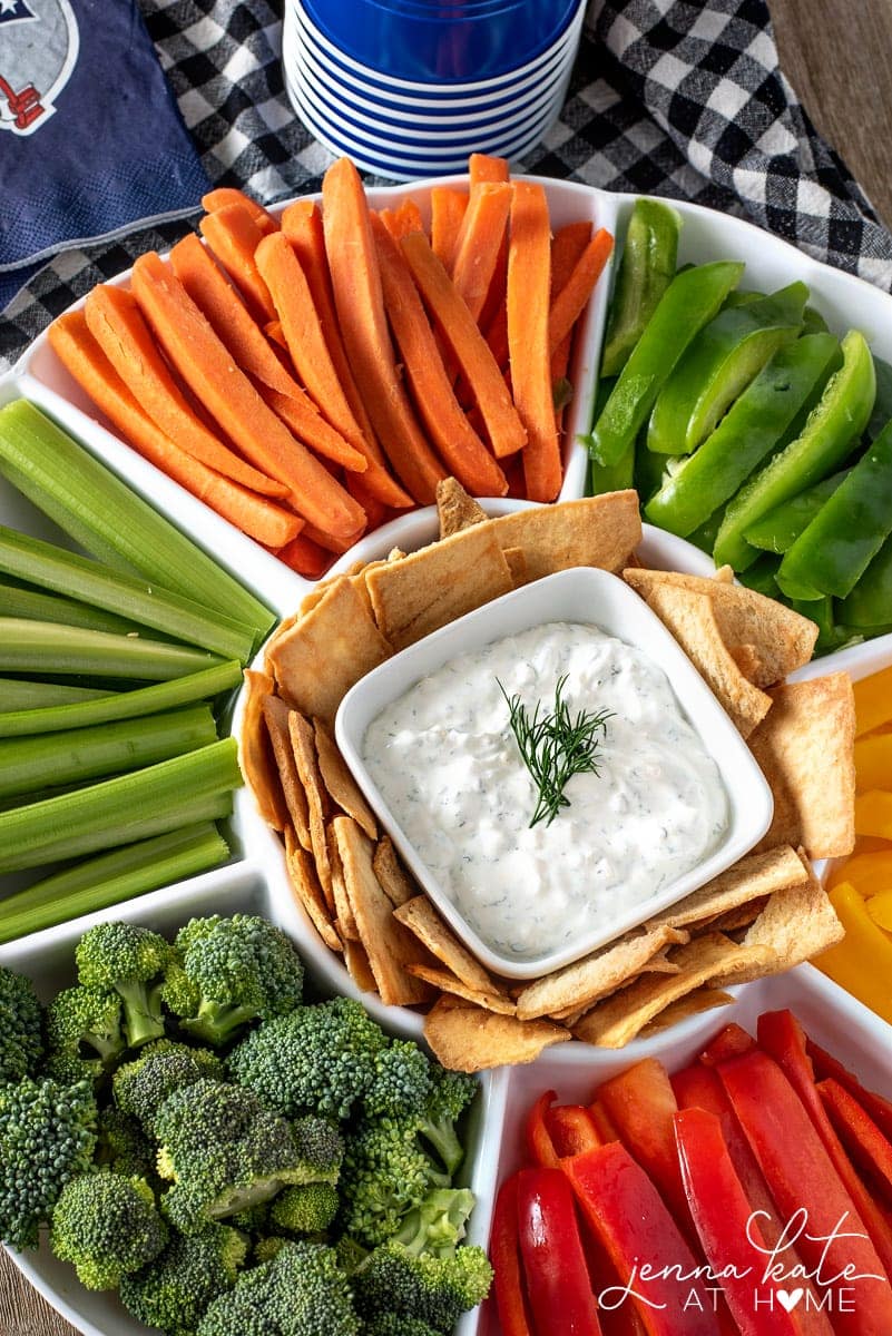 easy homemade veggie dip with chopped vegetables and chips 