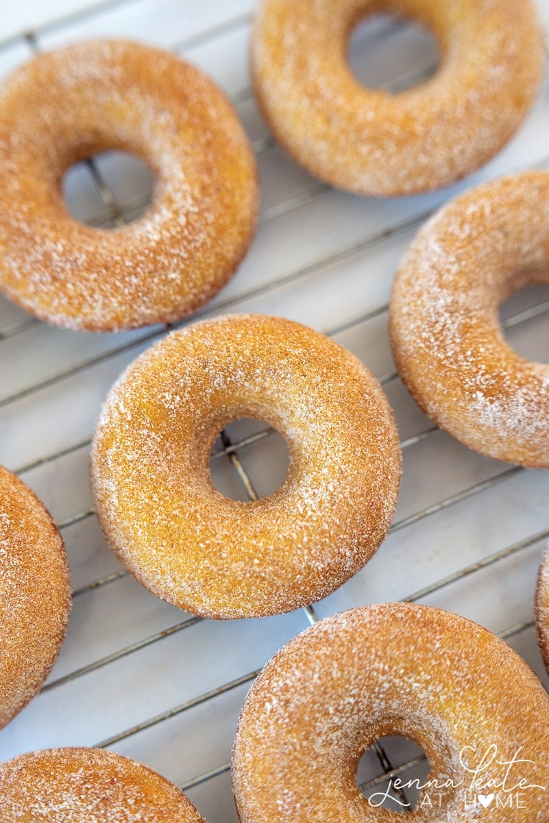 These pumpkin spice cake donuts are light and fluffy, coated with sweet cinnamon sugar