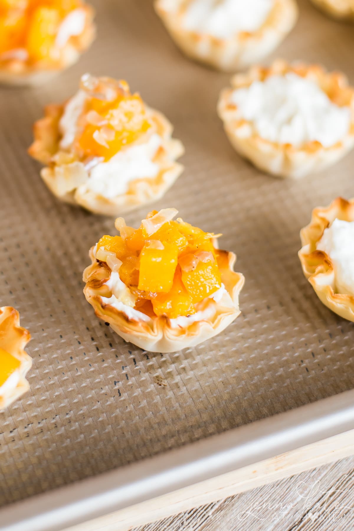 Butternut squash appetizers in mini phyllo shells with smoked cream cheese
