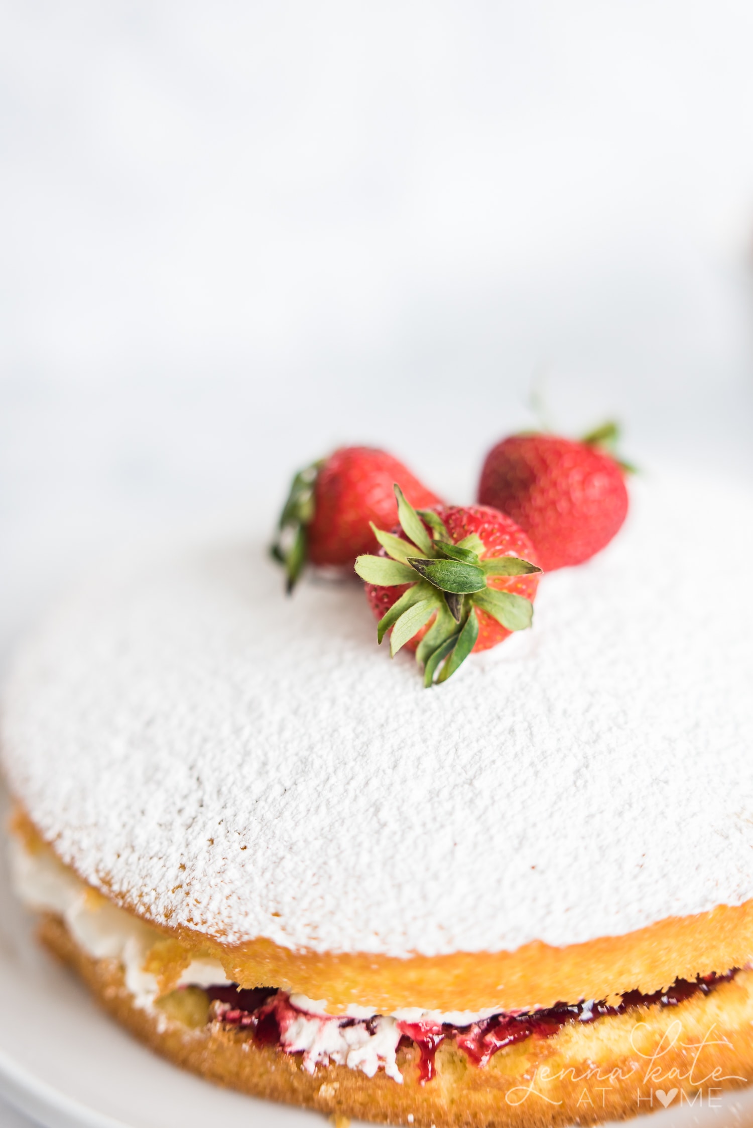 Strawberries on top of sponge cake dusted with powdered sugar