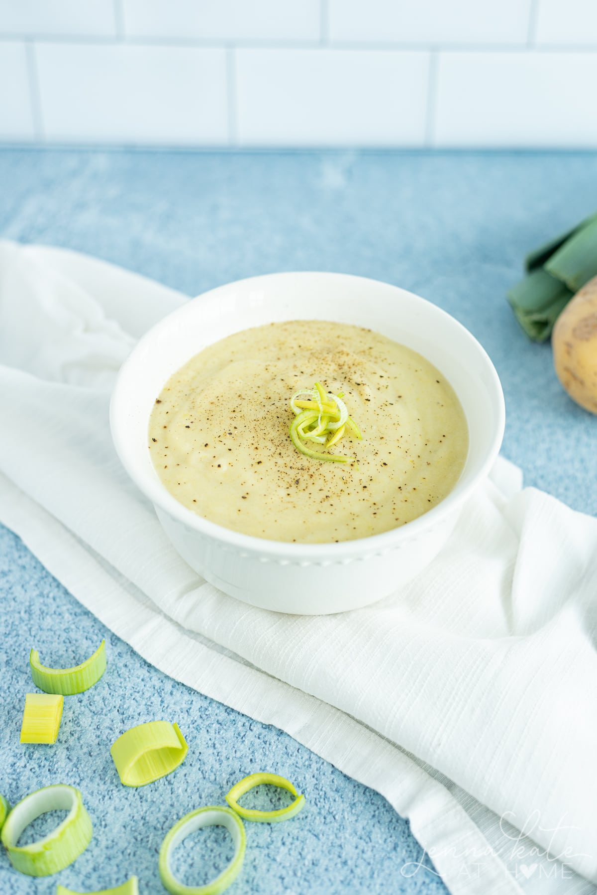 Close up of the thick and creamy bowl of Irish potato and leek soup