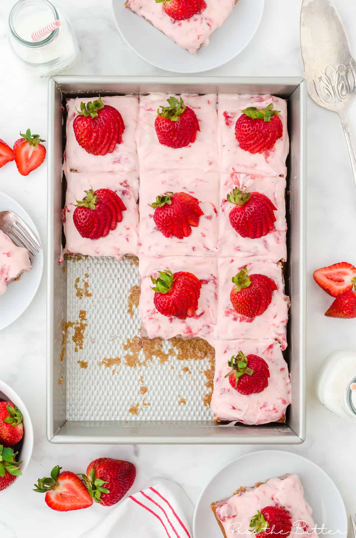 old fashioned strawberry cake in a rectangular cake pan