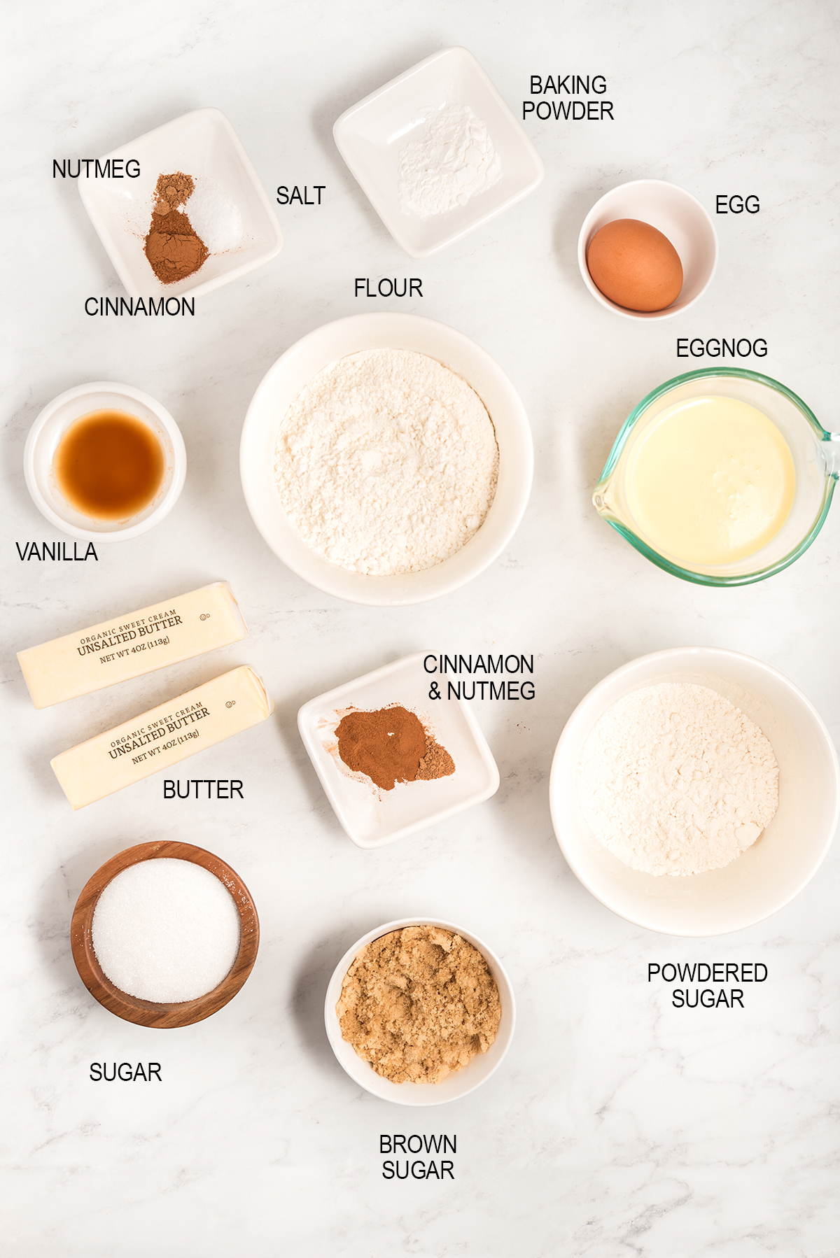 ingredients needed for eggnog muffins with streusel topping and eggnog glaze