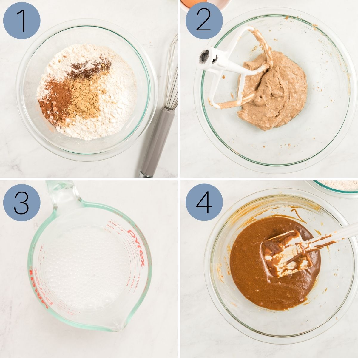 steps 1 to 4 of making the gingerbread cupcake batter