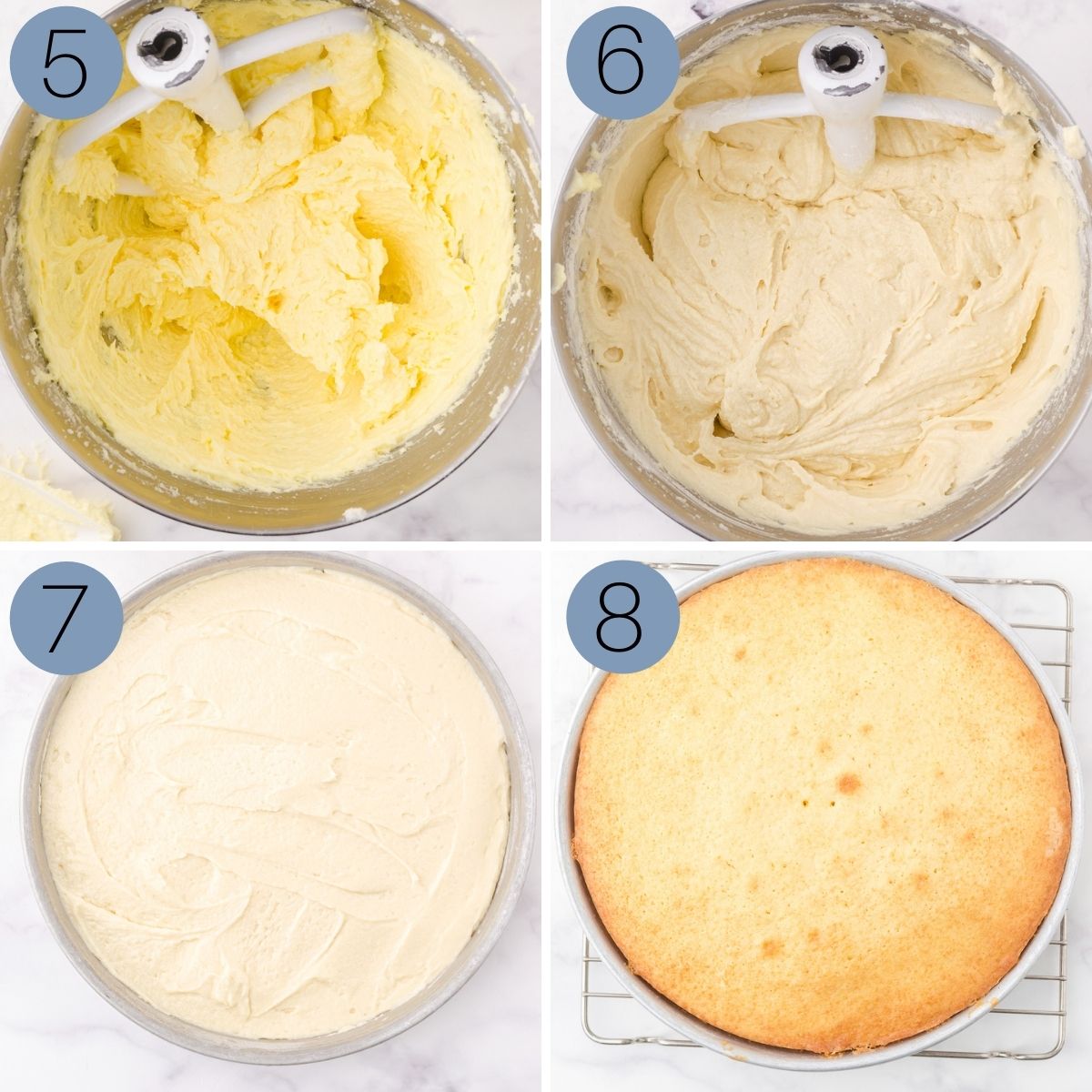 instructions for steps five to 8 of making the cake batter