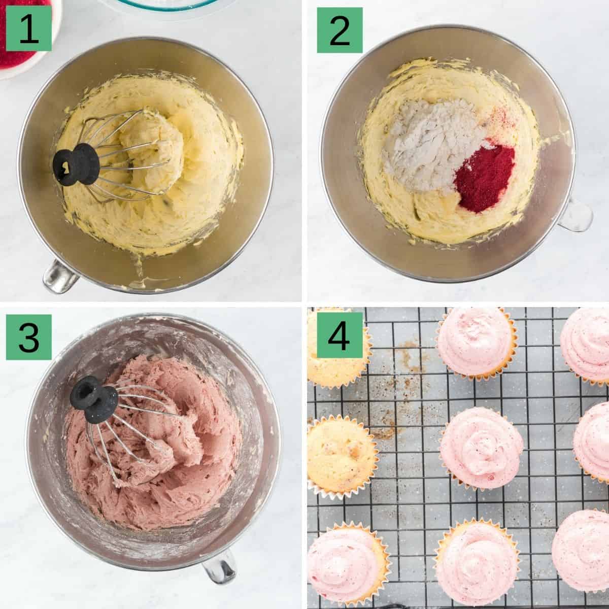 steps one to four of making the raspberry buttercream frosting