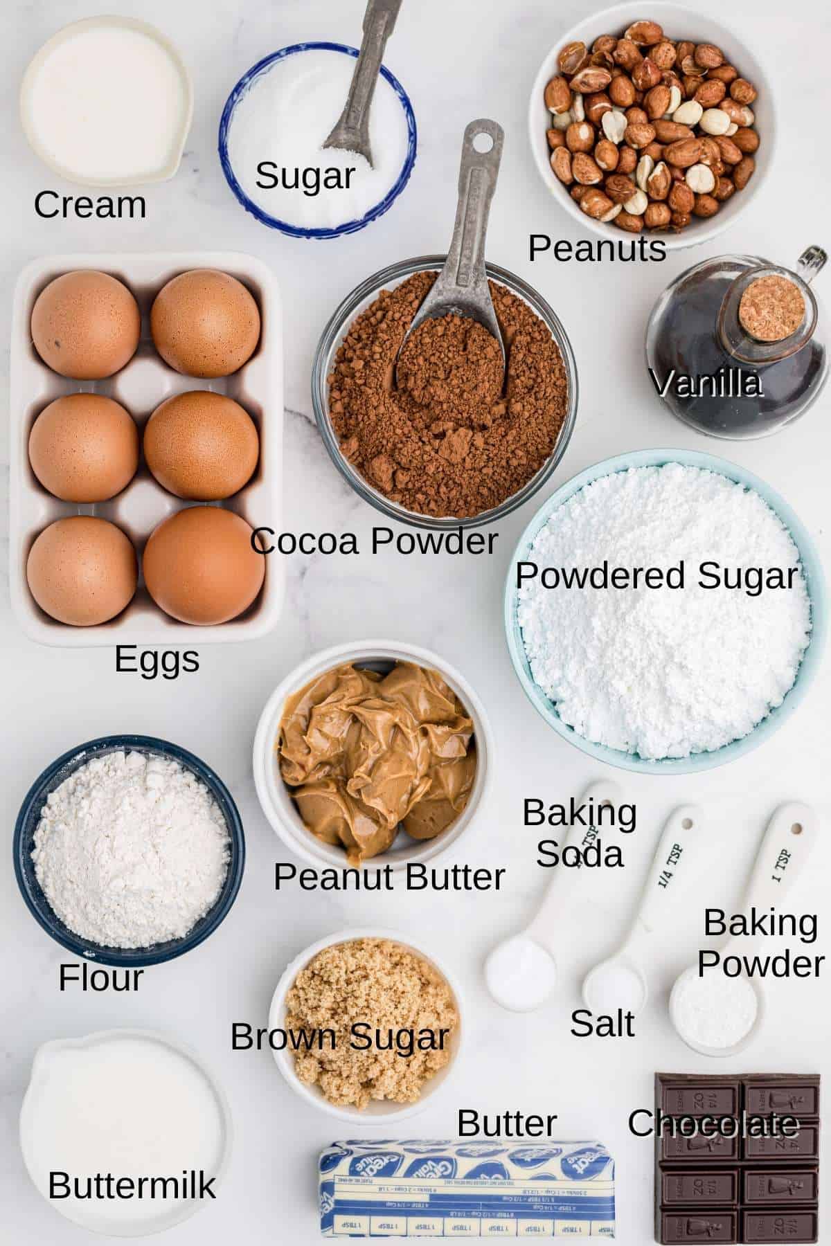 labeled ingredients needed to make the cupcakes 