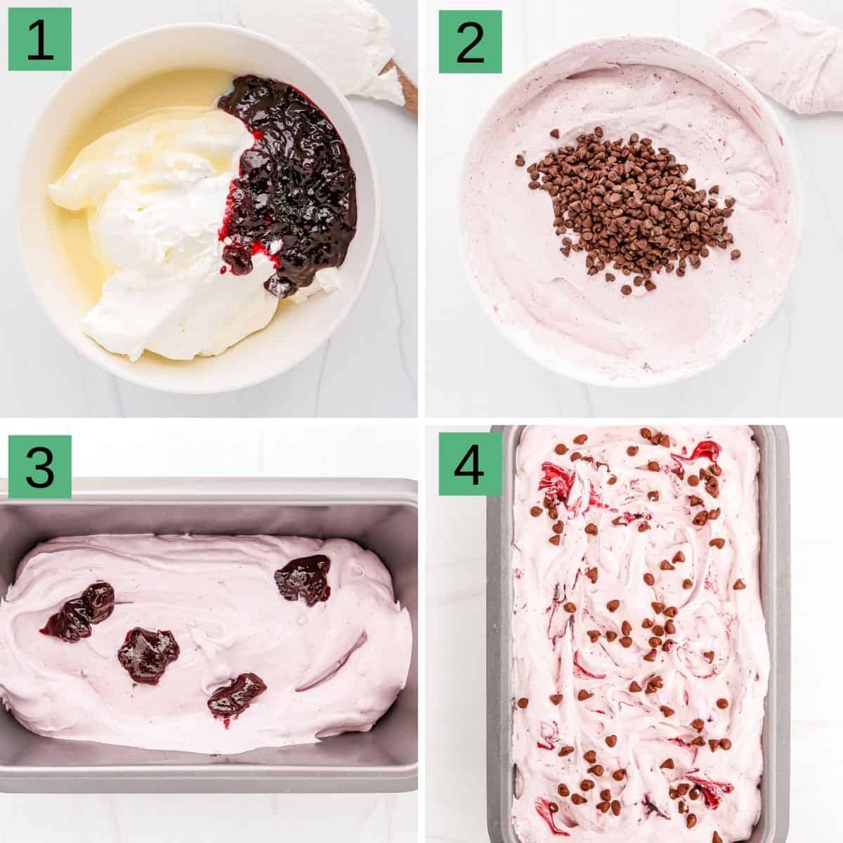 collage of steps to make the black raspberry chocolate chip ice cream