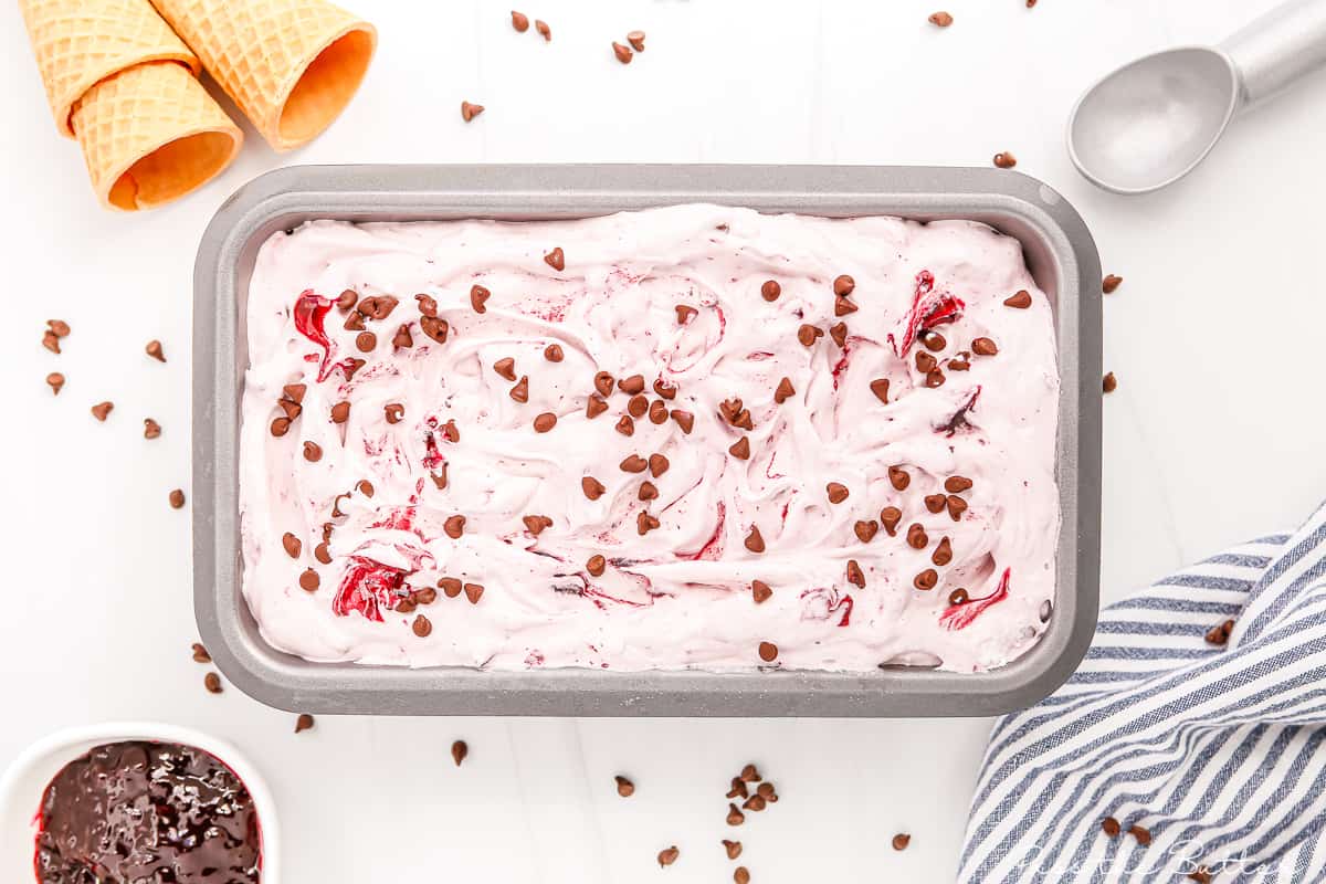 black raspberry chocolate chip ice cream in a metal loaf pan