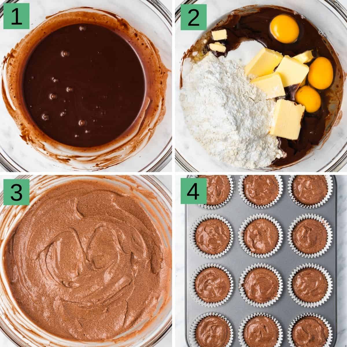 Collage of steps 1 to 4 of making the Nutella cupcake recipe