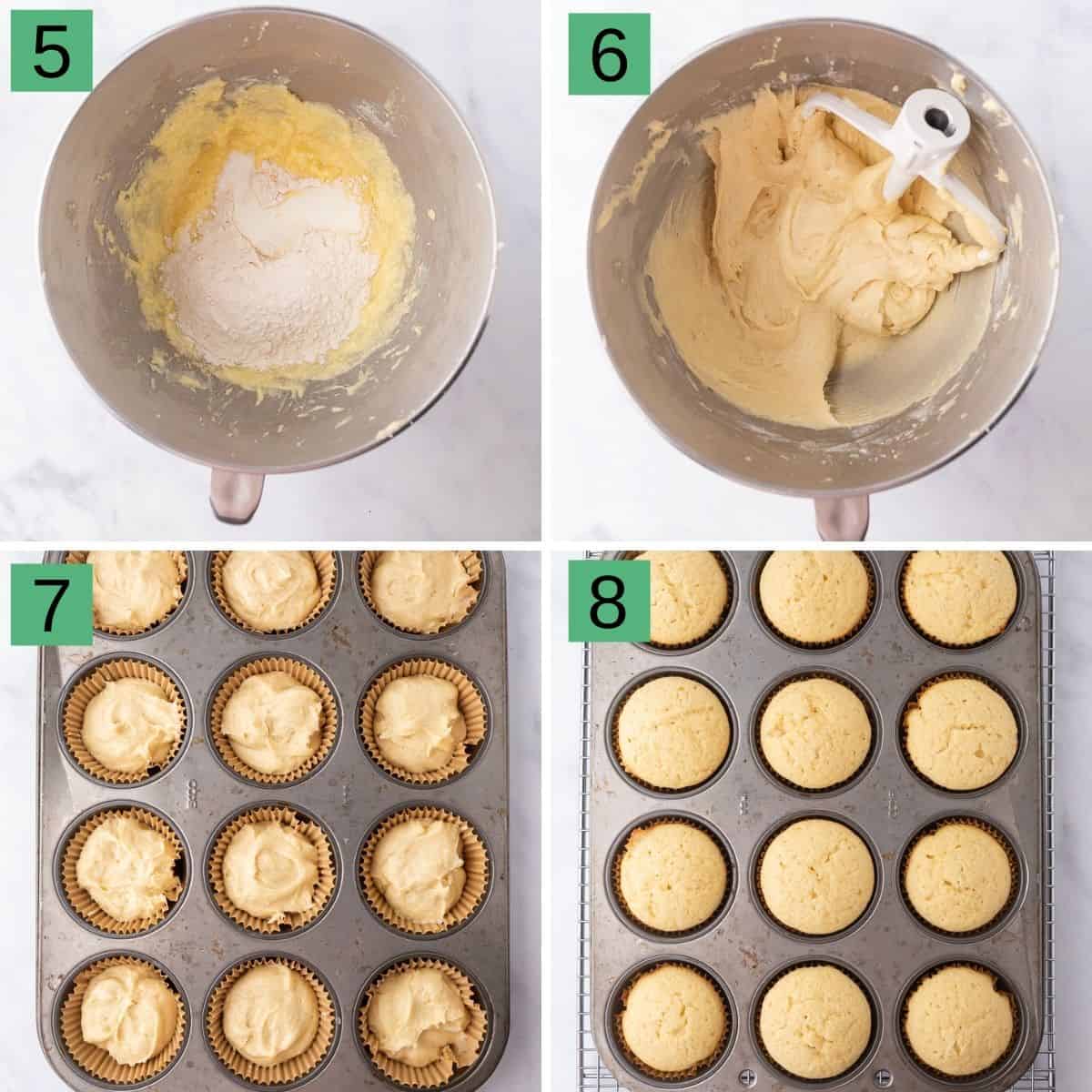 collage of steps 5 to 8 of making the vanilla cupcake recipe