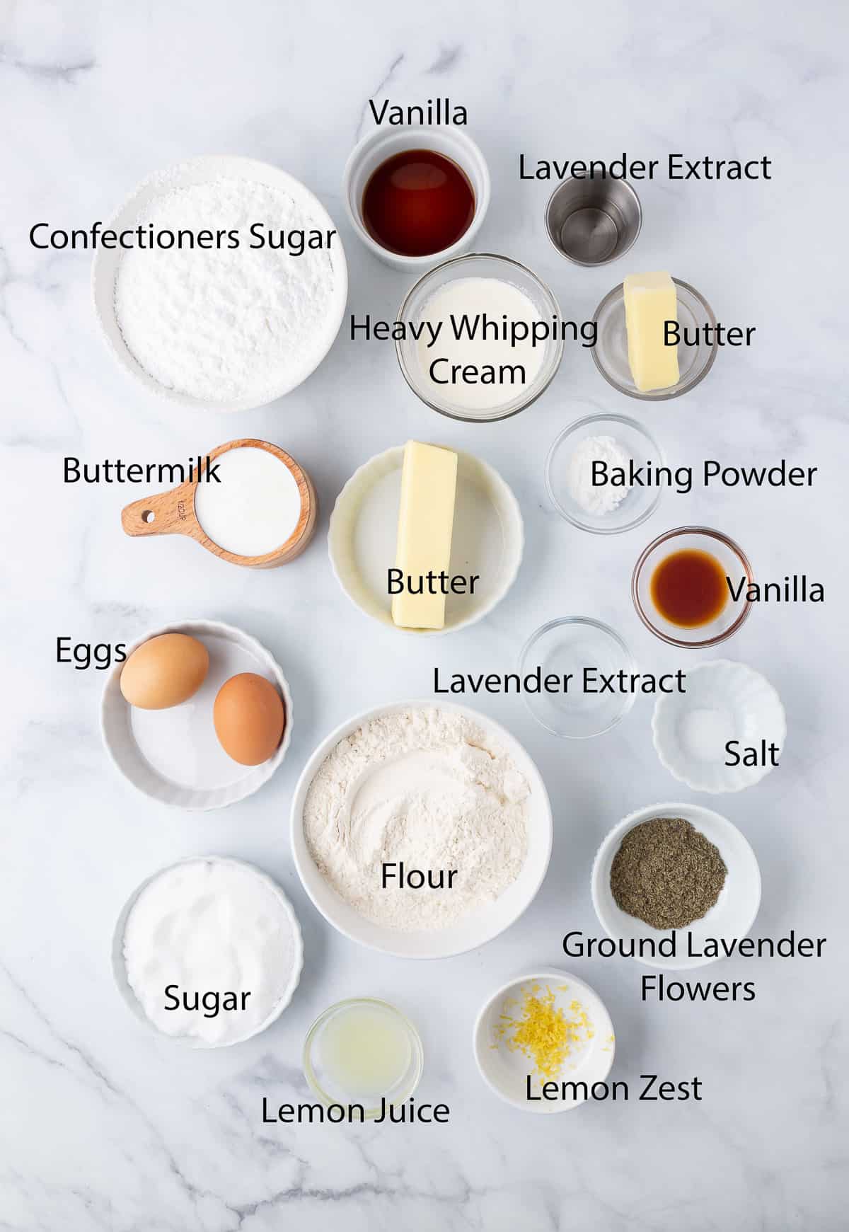 ingredients for lavender cupcakes.