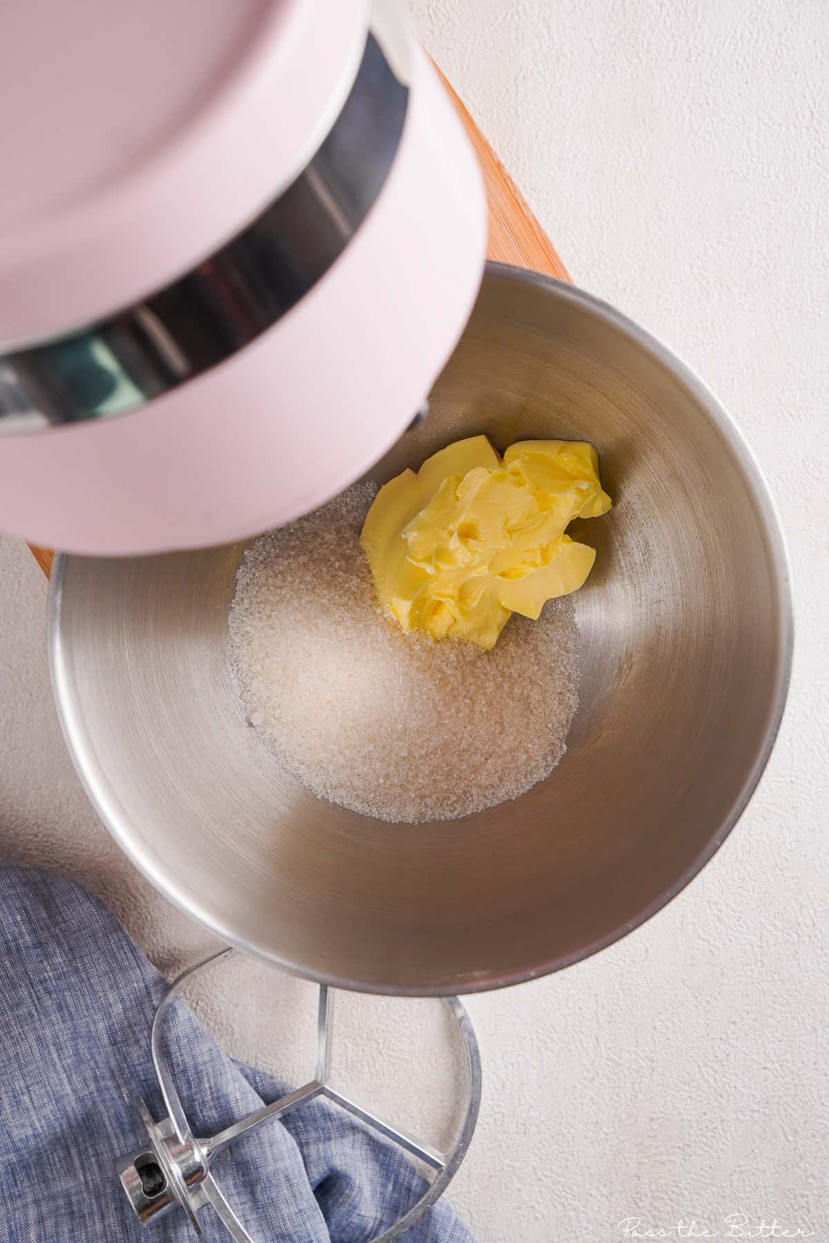 stand mixer with butter and sugar in a bowl